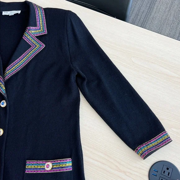St. John by Marie Gray black colorful v neck knit blazer sequins embellishments - Picture 7 of 13